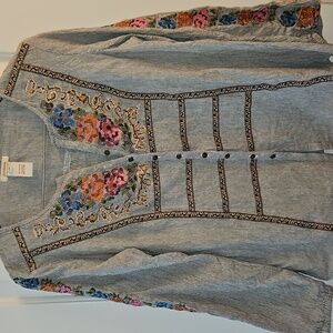 Sundance Meadowland Embroidered Railroad Stripe Blouse, XS/S, Boho, Cottagecore